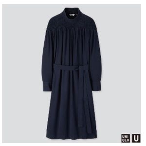 Uniqlo navy mock neck shirring dress, L